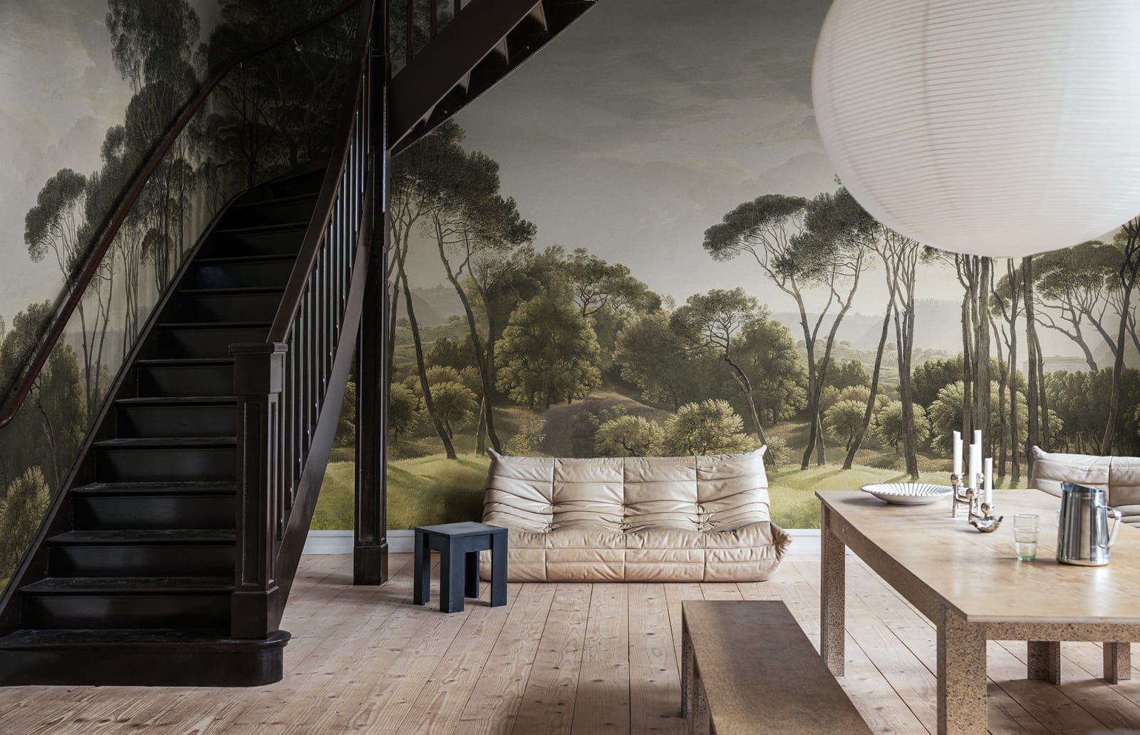 Pine Wood - Green wall mural by Rebel Walls, styled room