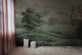 Hilltop House - Green wall mural by Rebel Walls, styled room