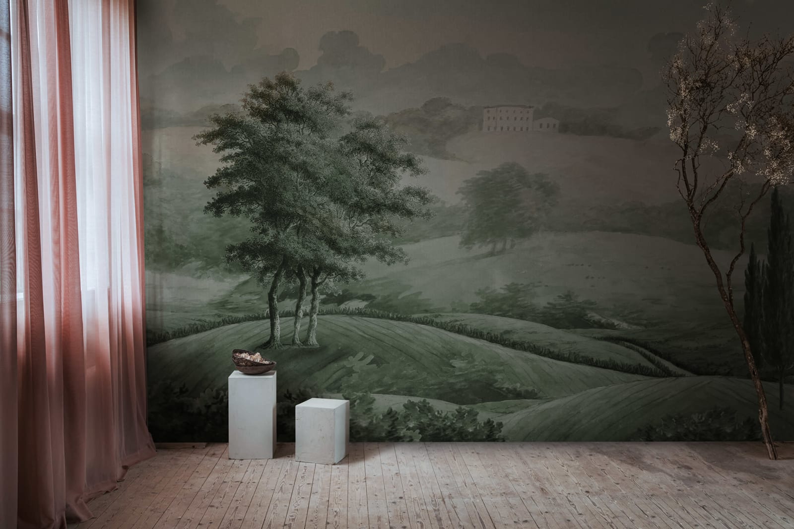 Hilltop House - Green wall mural by Rebel Walls, styled room