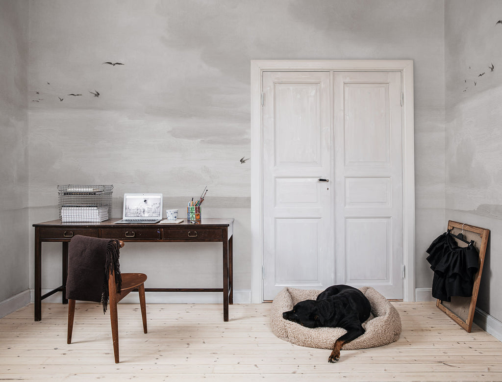 Seabirds wall mural by Rebel Walls in Grey, styled room