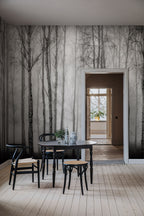 Birch Fog wall mural by Rebel Walls in Grey, styled room