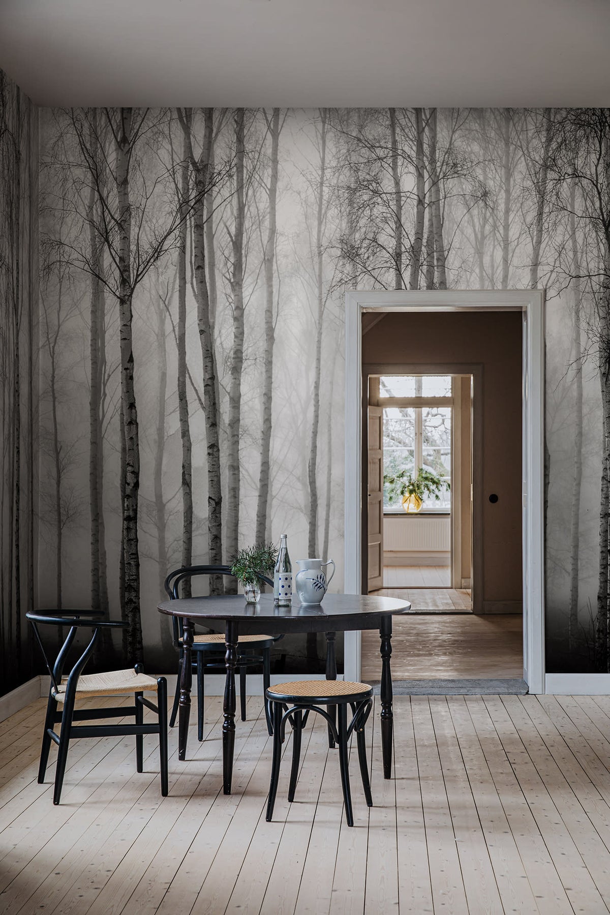 Birch Fog wall mural by Rebel Walls in Grey, styled room