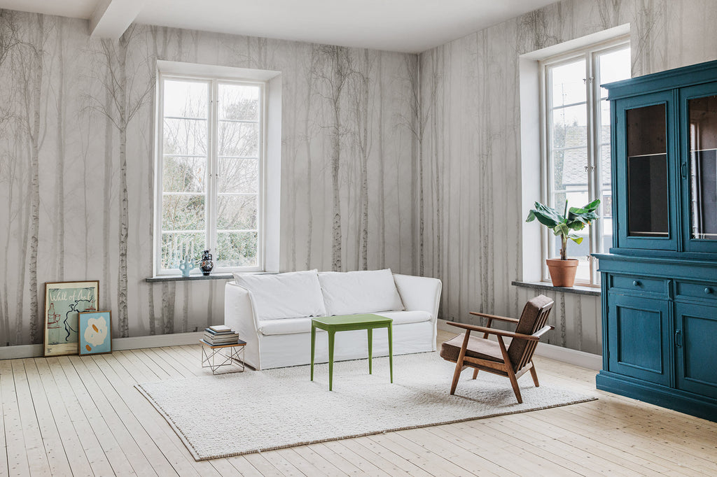 Birch Fog wall mural by Rebel Walls in White, styled room