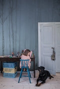 Birch Fog wall mural by Rebel Walls in Blue, styled room