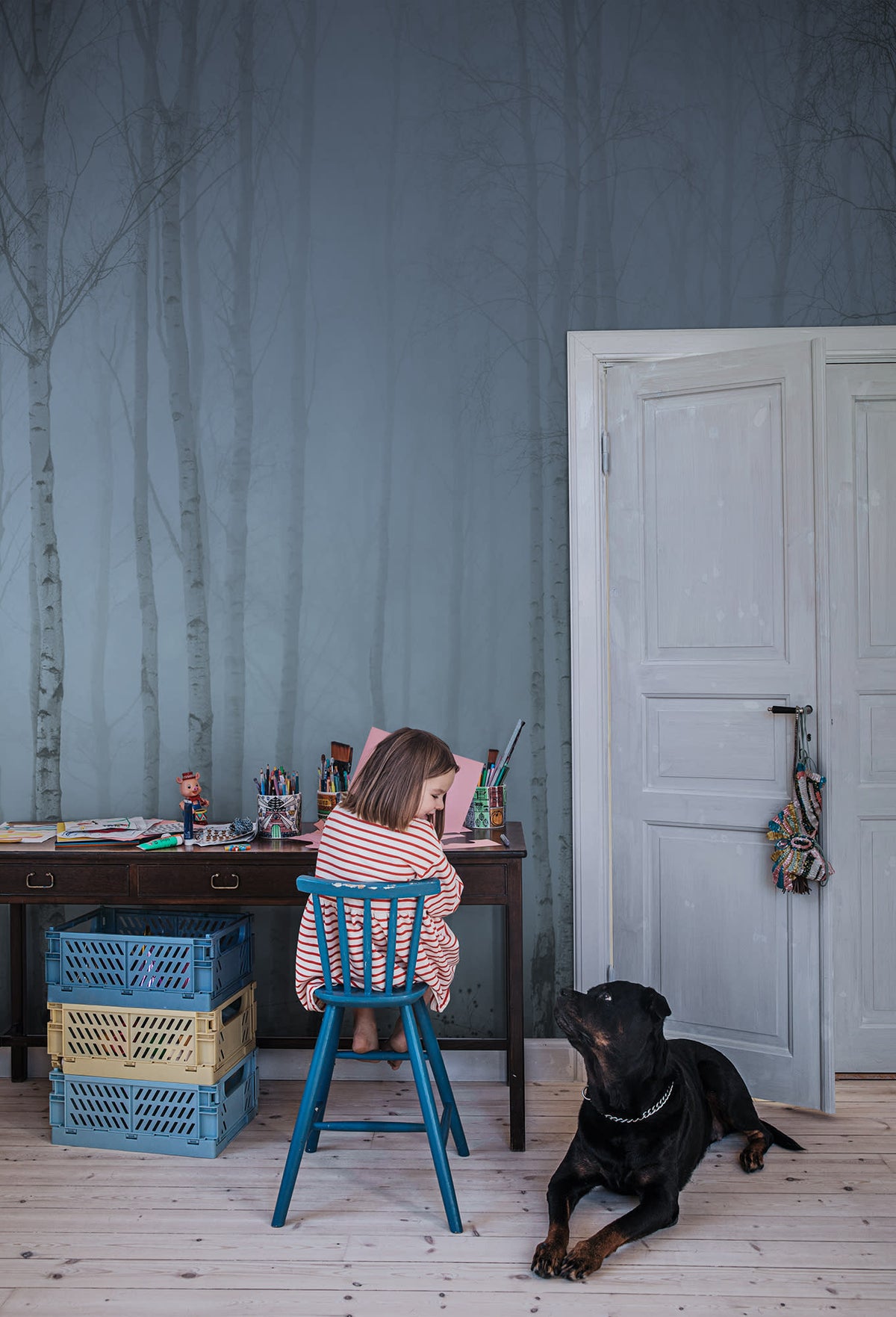 Birch Fog wall mural by Rebel Walls in Blue, styled room