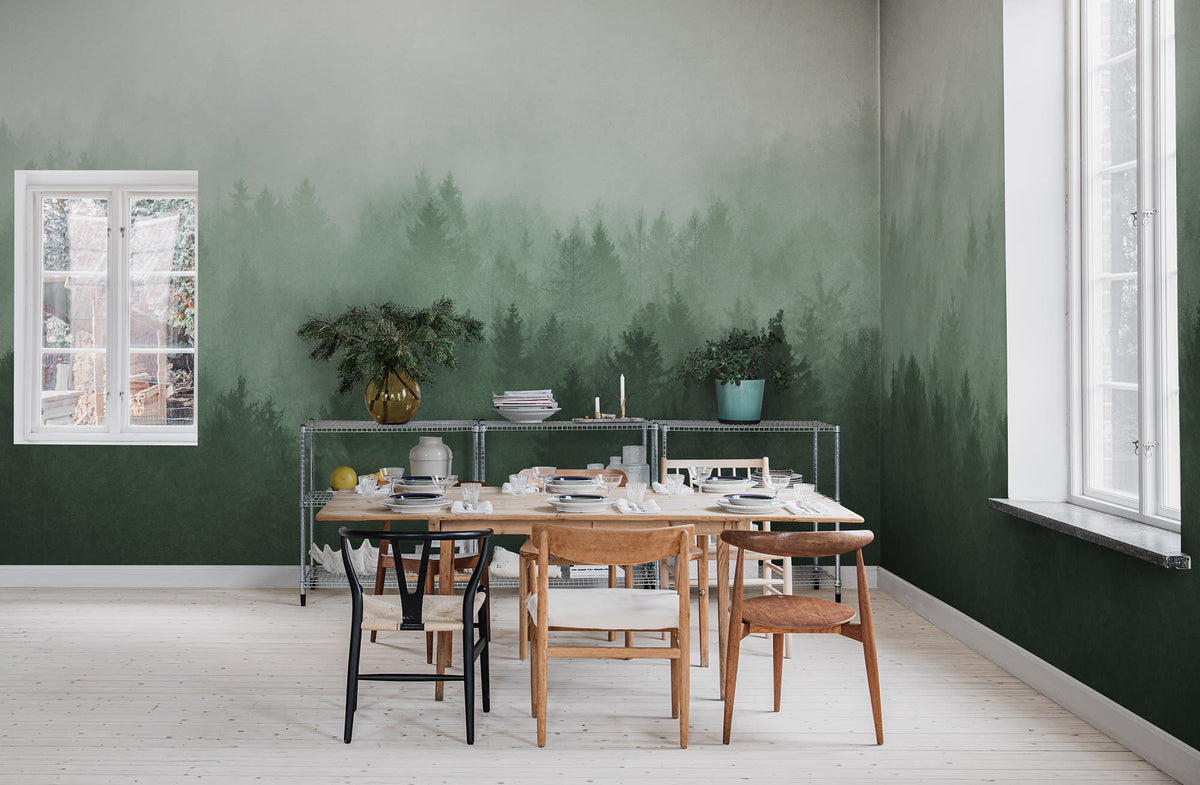 Cloudy Forest wall mural by Rebel Walls in Green, styled room