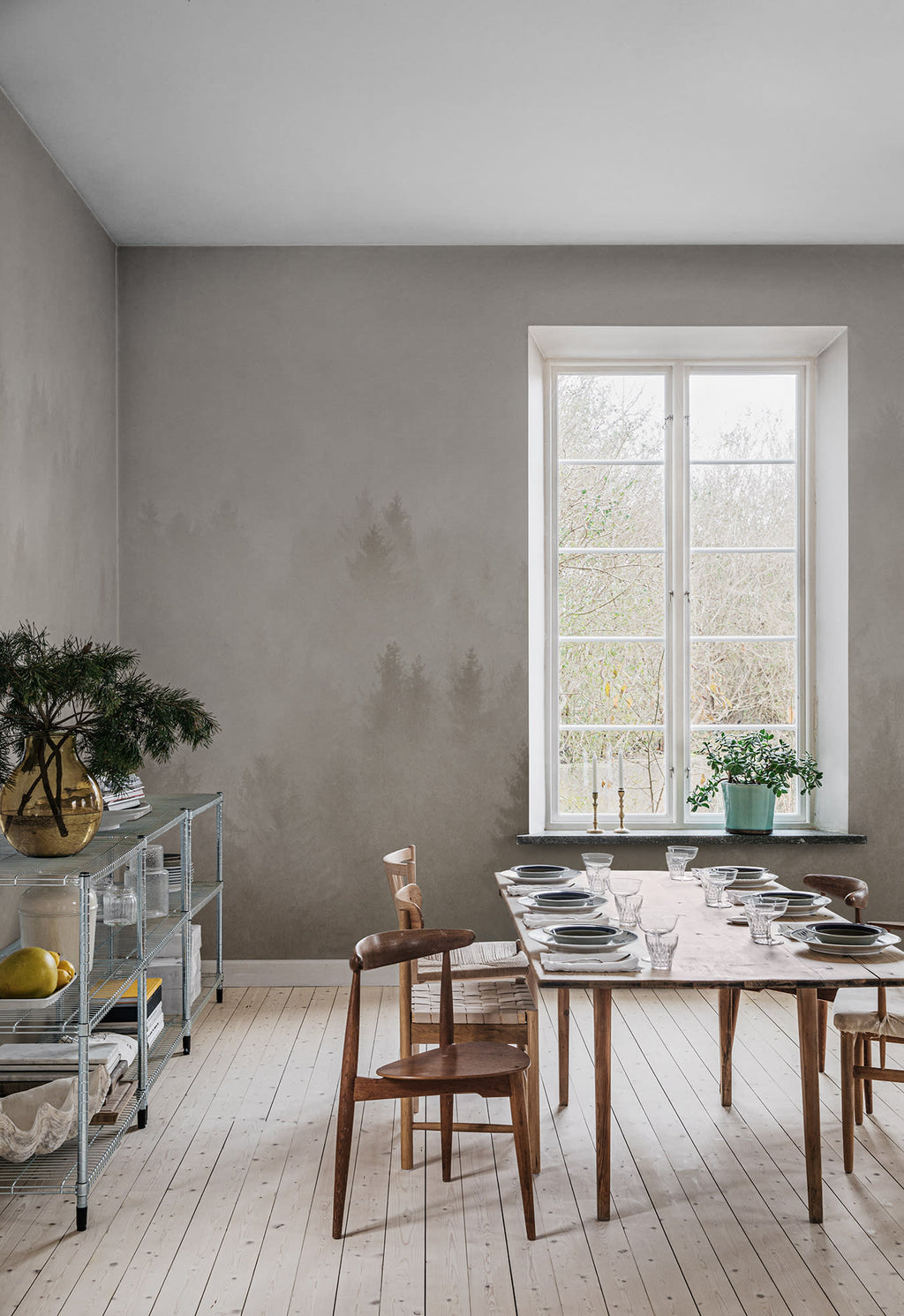 Cloudy Forest wall mural by Rebel Walls in Beige, styled room