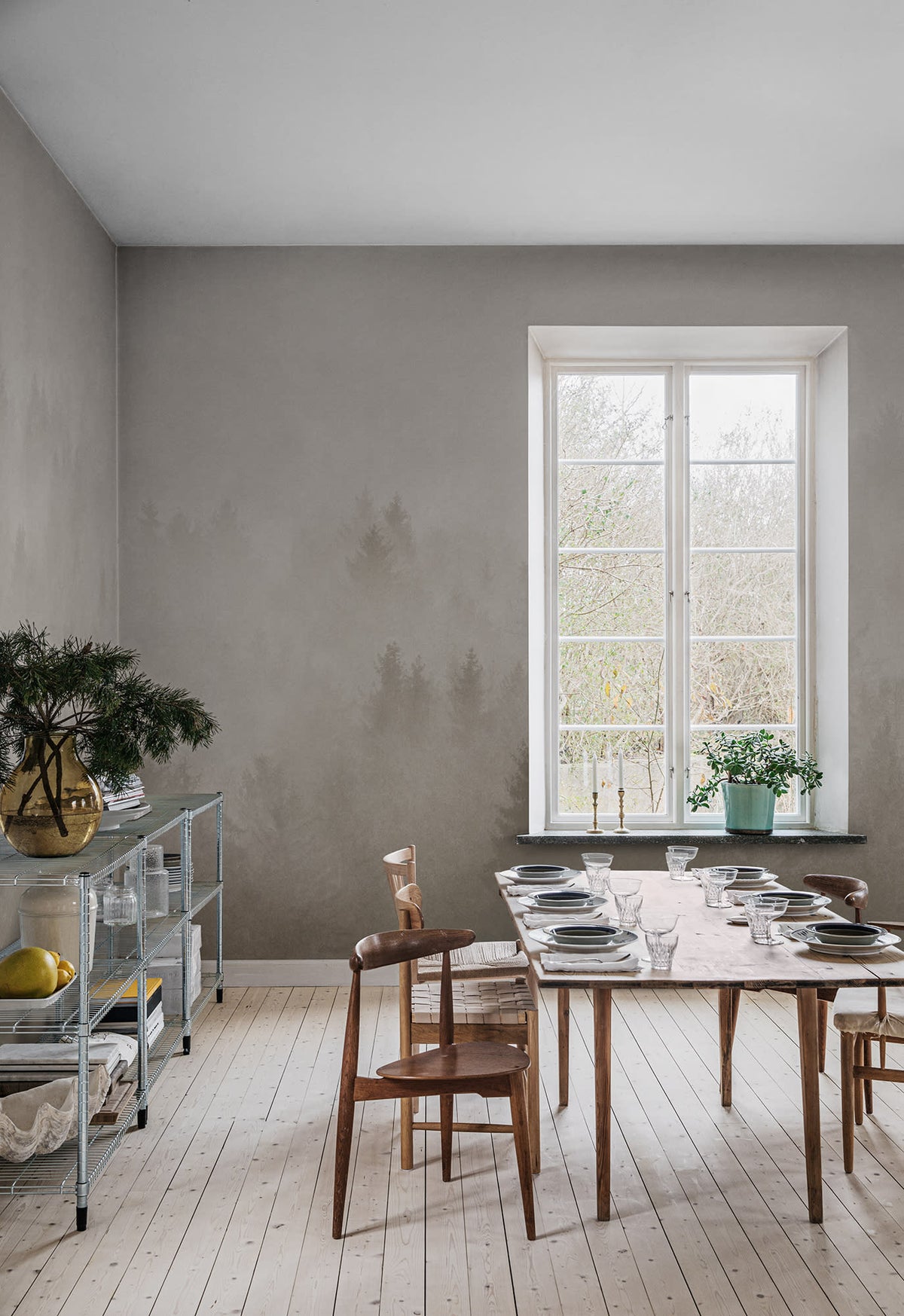 Cloudy Forest wall mural by Rebel Walls in Beige, styled room