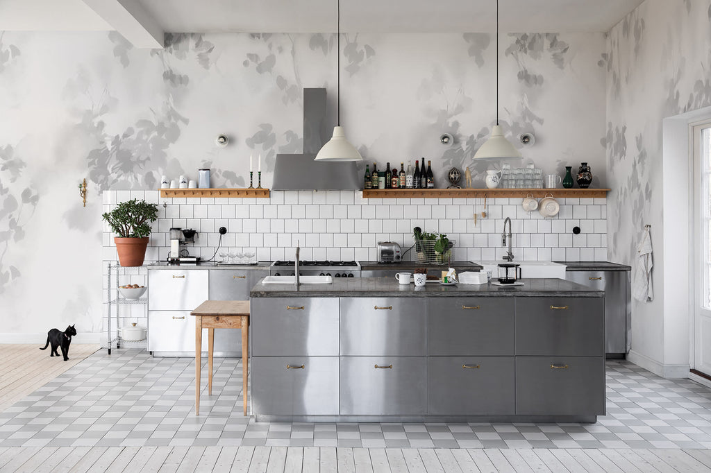 Hazy Leaves wall mural by Rebel Walls in White, styled room