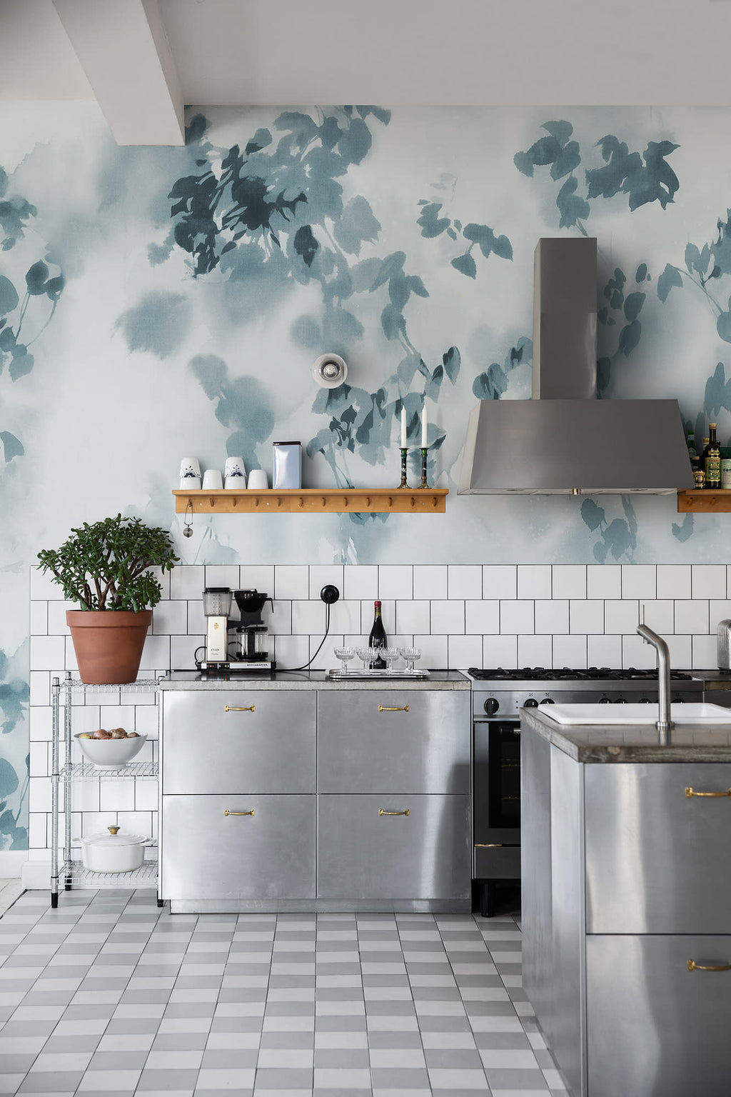 Hazy Leaves wall mural by Rebel Walls in Blue, styled room