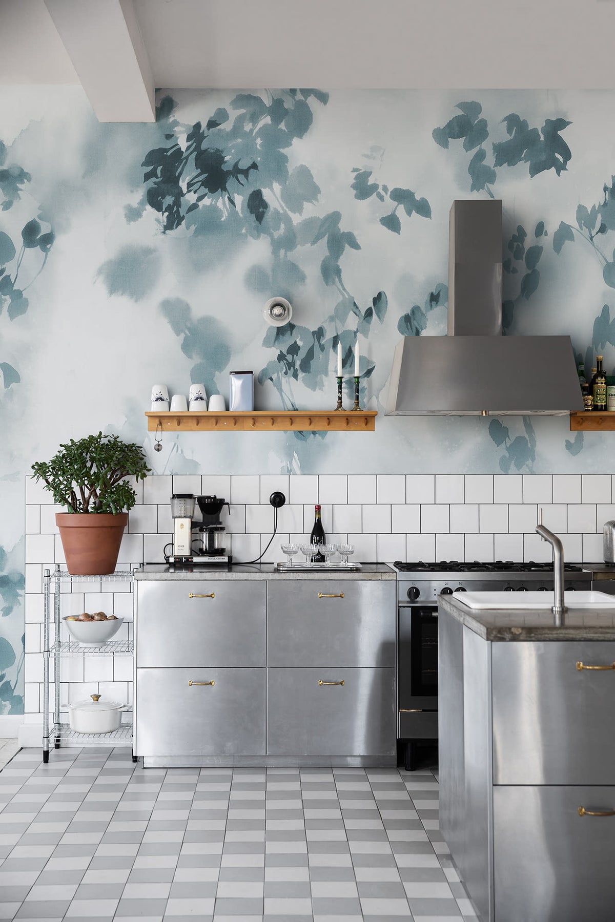 Hazy Leaves wall mural by Rebel Walls in Blue, styled room