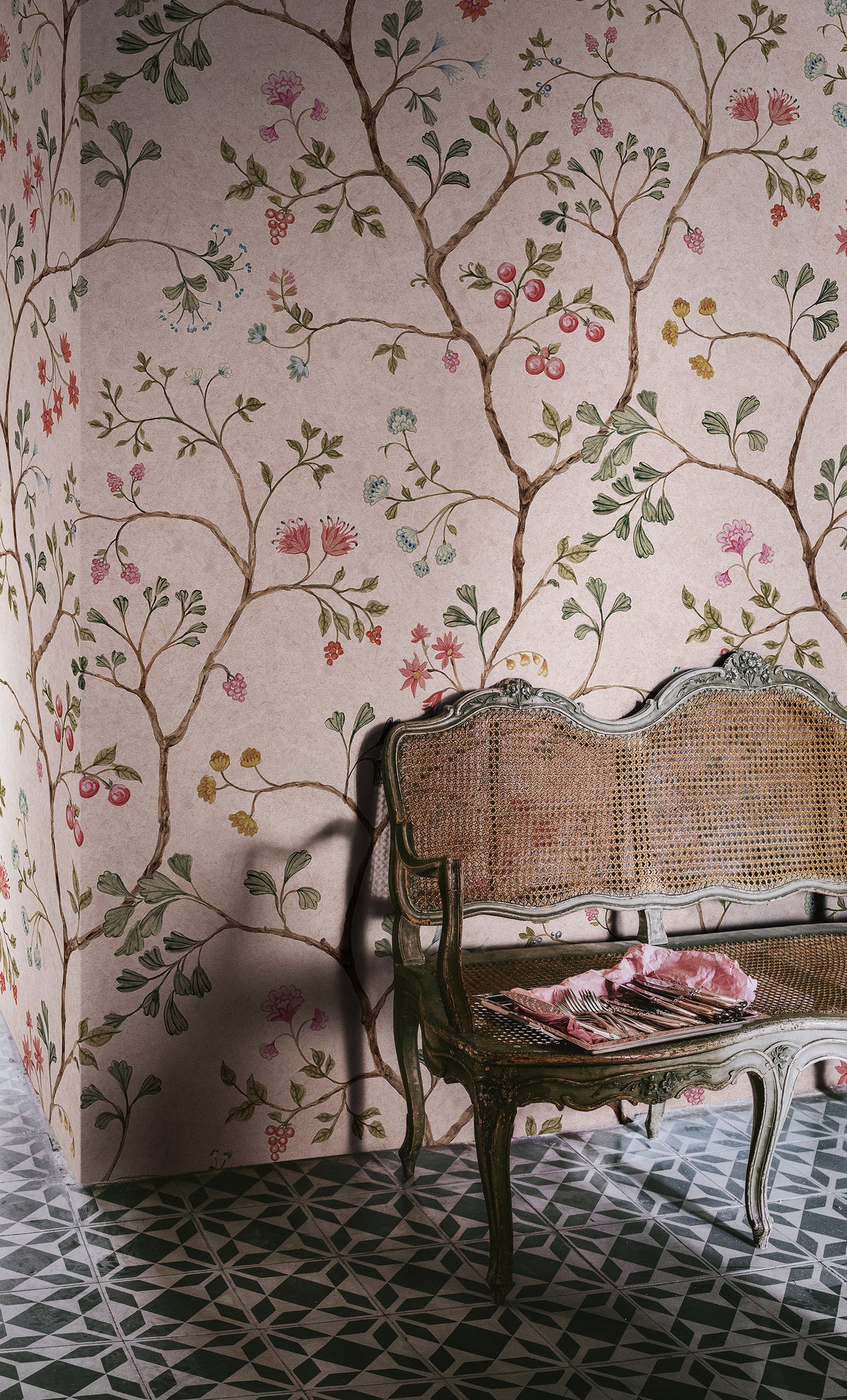 Song Tree wall mural by Rebel Walls in Pink – Pink Cherry, styled room