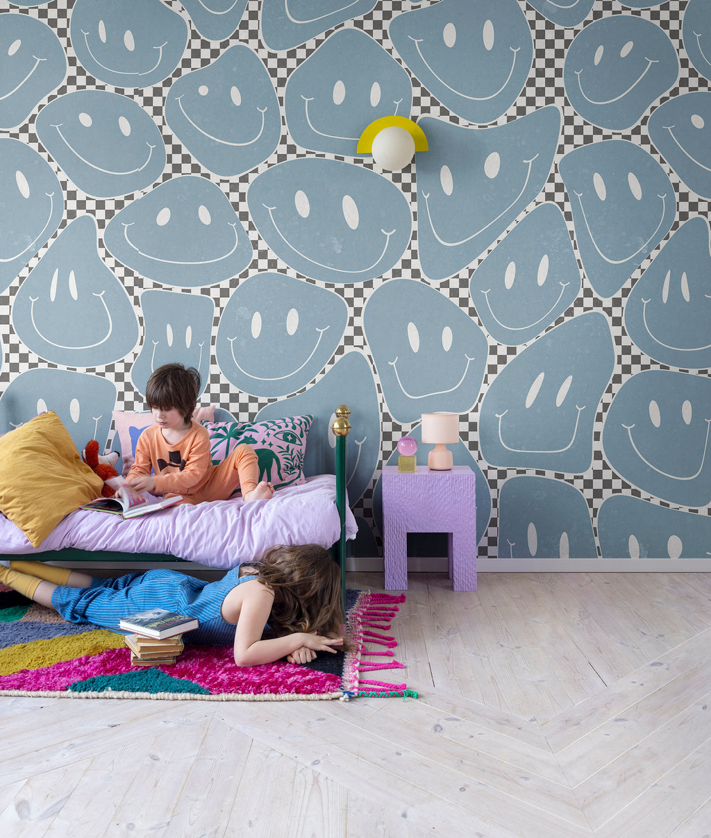 Happy Rebel wall mural by Rebel Walls in Blue – Blue Chess, styled room
