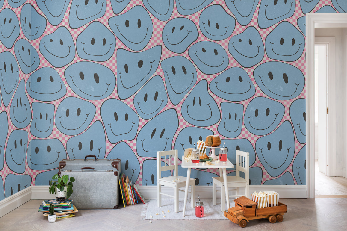 Happy Rebel wall mural by Rebel Walls in Blue – Pink Chess, styled room