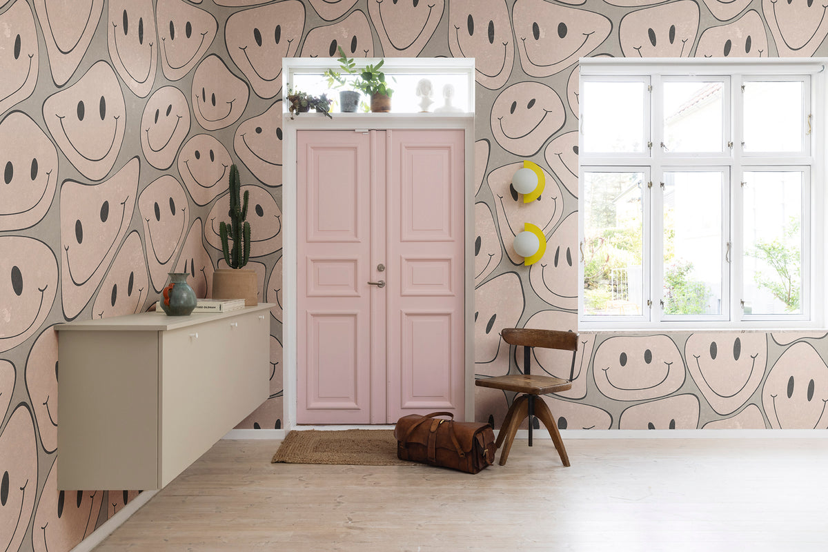Happy Rebel wall mural by Rebel Walls in Pink – Soft Pink, styled room