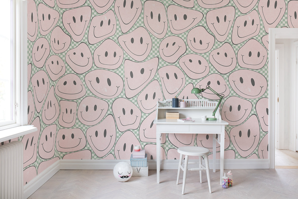 Happy Rebel wall mural by Rebel Walls in Pink – Bubblegum, styled room