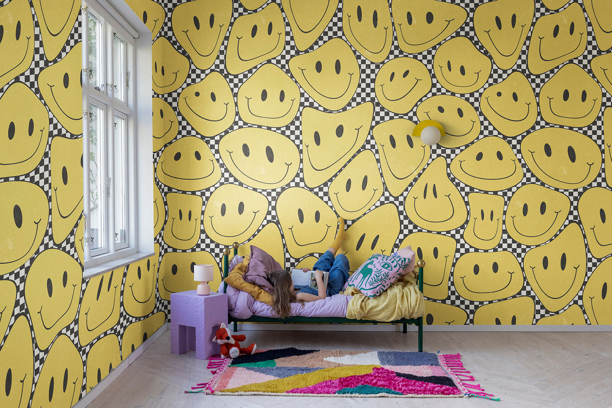Happy Rebel wall mural by Rebel Walls in Yellow – Sunshine Chess, styled room