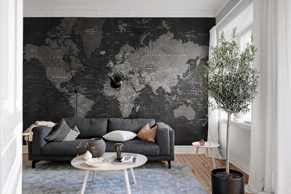 Around the World Mural wall mural by Rebel Walls in Black, styled room