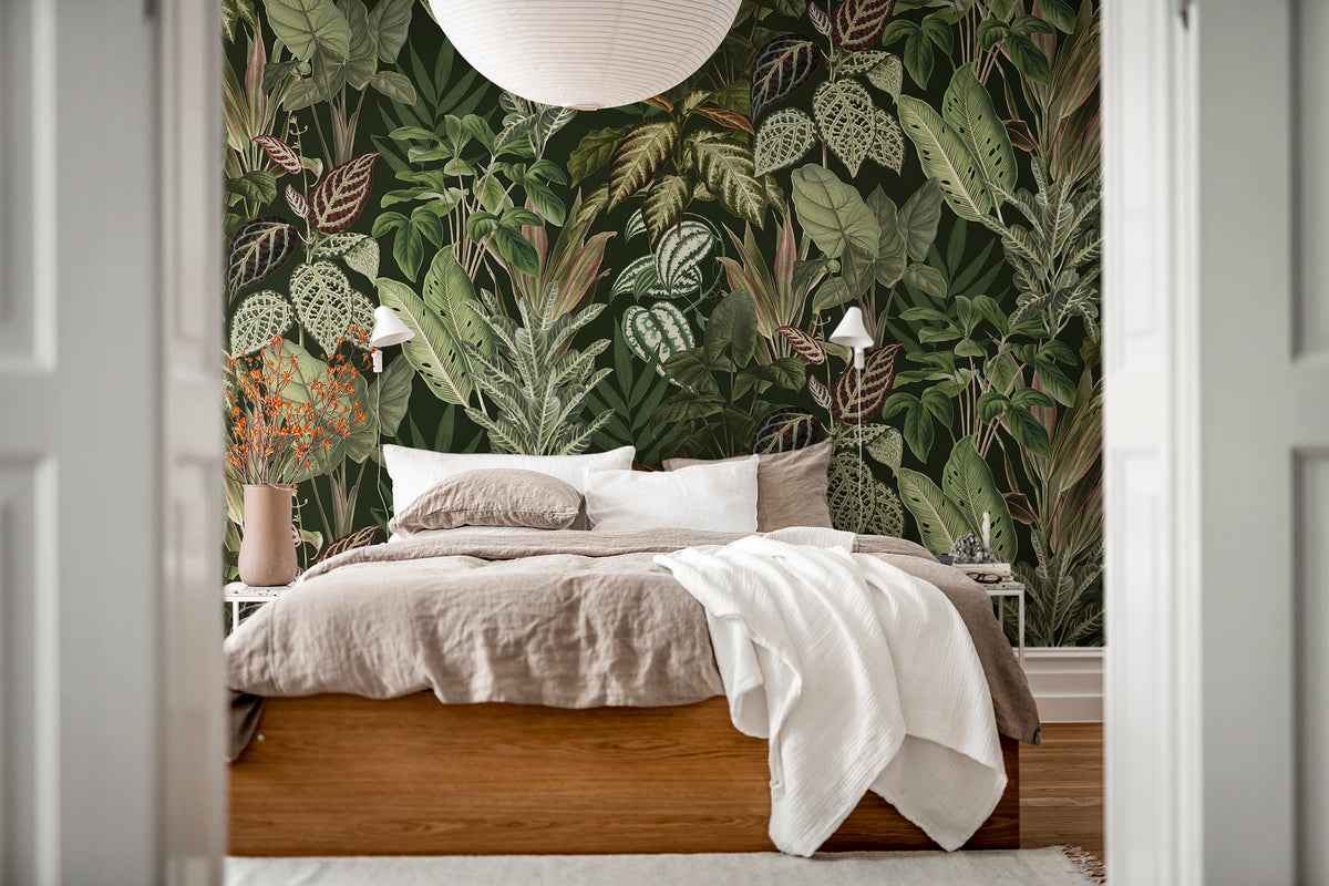 Mischievous Jungle wall mural by Rebel Walls in Green – Lush, styled room