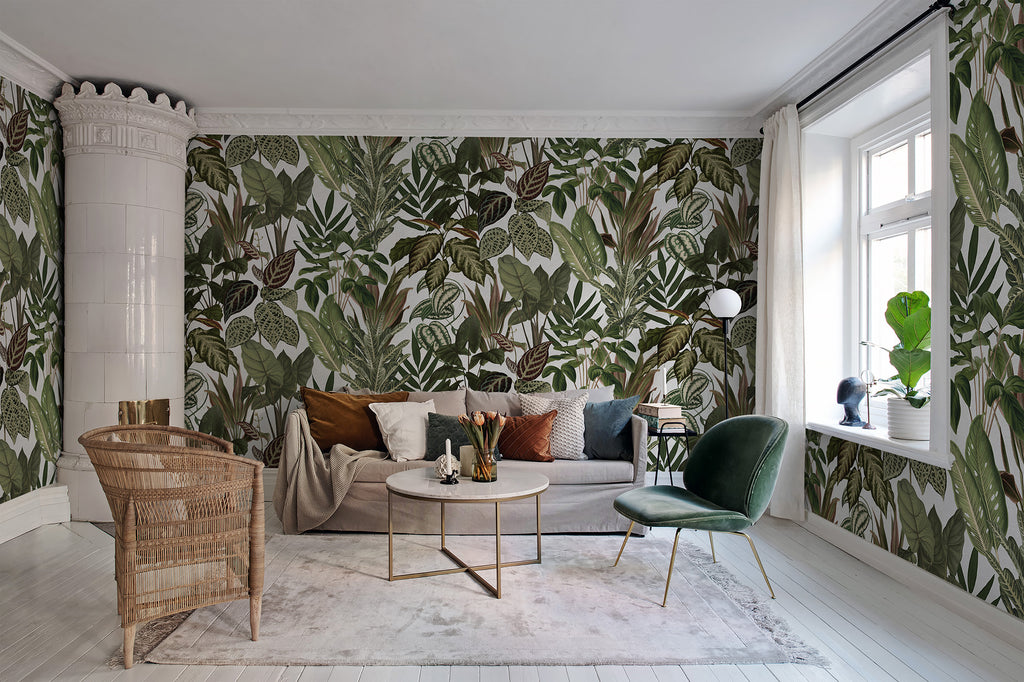 Mischievous Jungle wall mural by Rebel Walls in Green – White, styled room