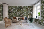 Mischievous Jungle wall mural by Rebel Walls in Green – White, styled room