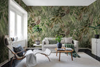 Mischievous Jungle wall mural by Rebel Walls in Green – Sand, styled room