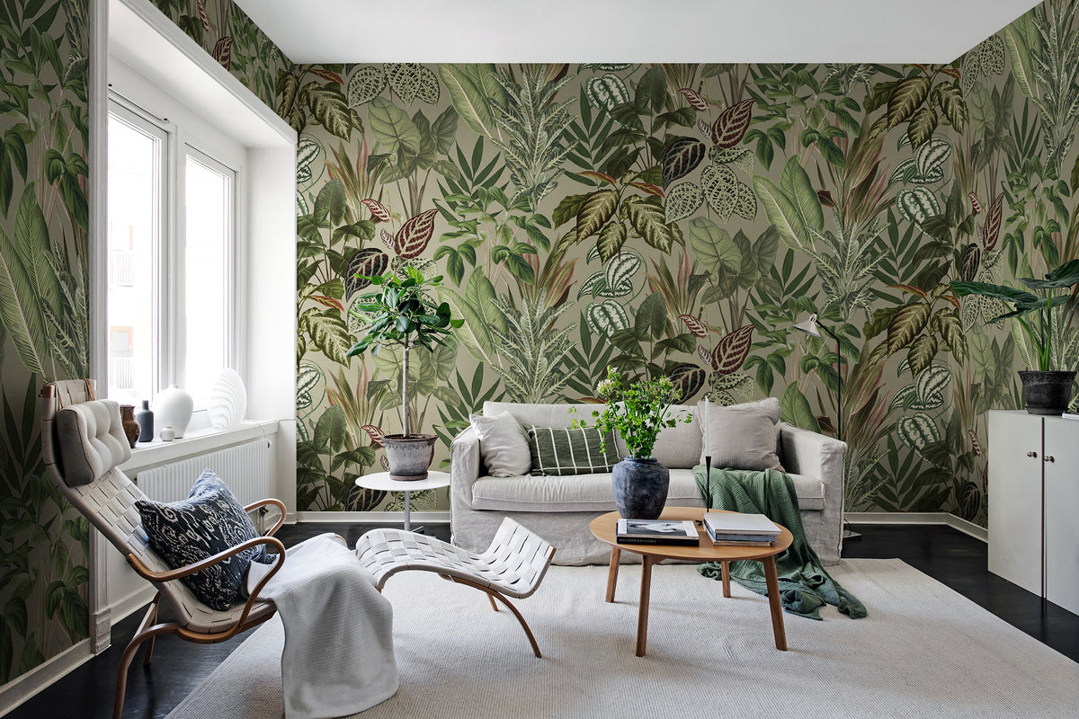 Mischievous Jungle wall mural by Rebel Walls in Green – Sand, styled room