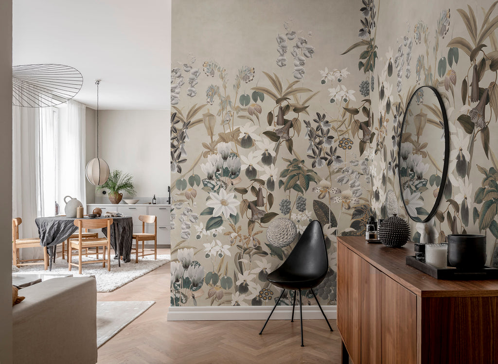 Alice's Garden Mural by Rebel Walls in soft neutral beige colourway styled in an open-plan dining area