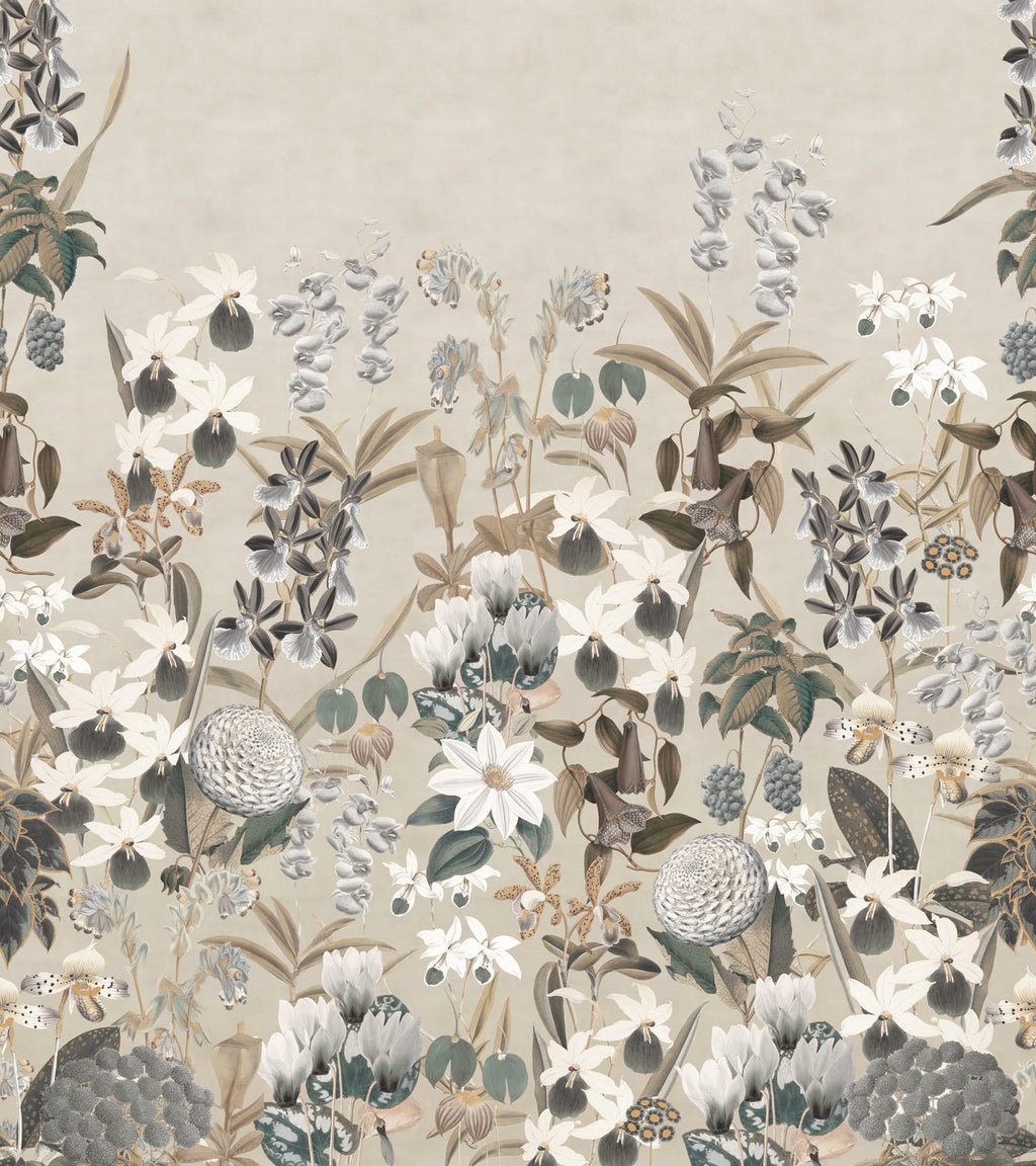 Alice's Garden Mural by Rebel Walls, flat swatch of the muted neutral beige floral colourway