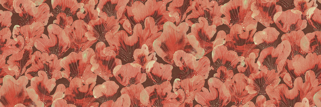 Corals wall mural by Rebel Walls, flat panel of fan-shaped corals in coral red on dark brown