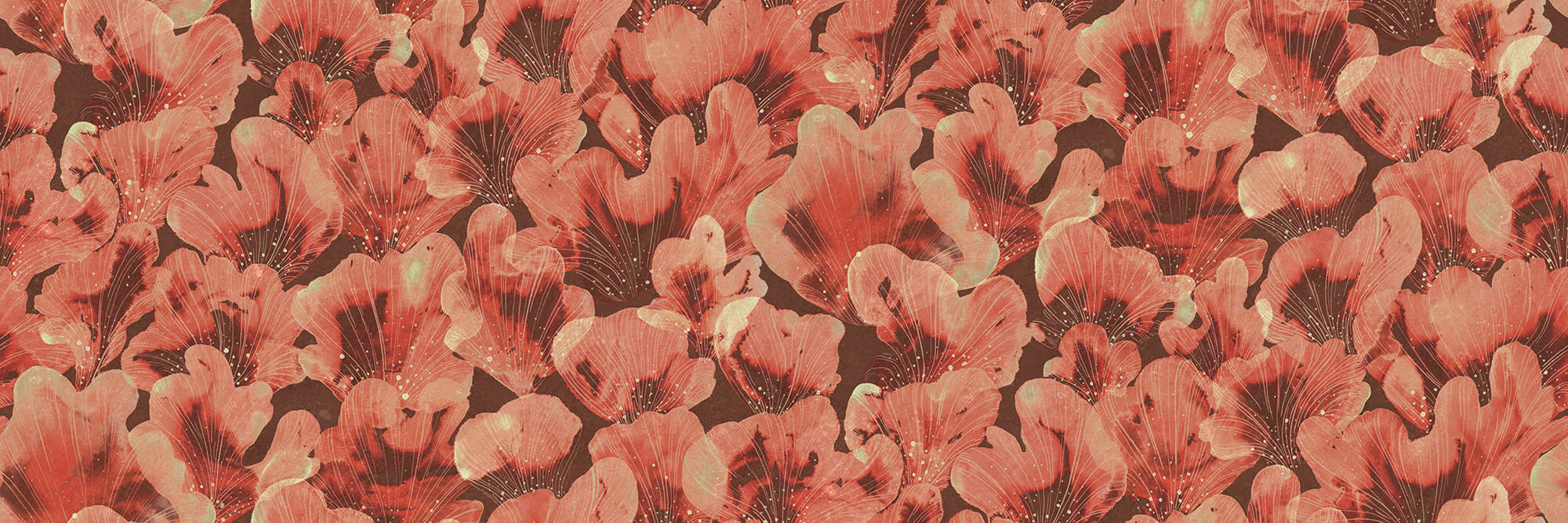 Corals wall mural by Rebel Walls, flat panel of fan-shaped corals in coral red on dark brown