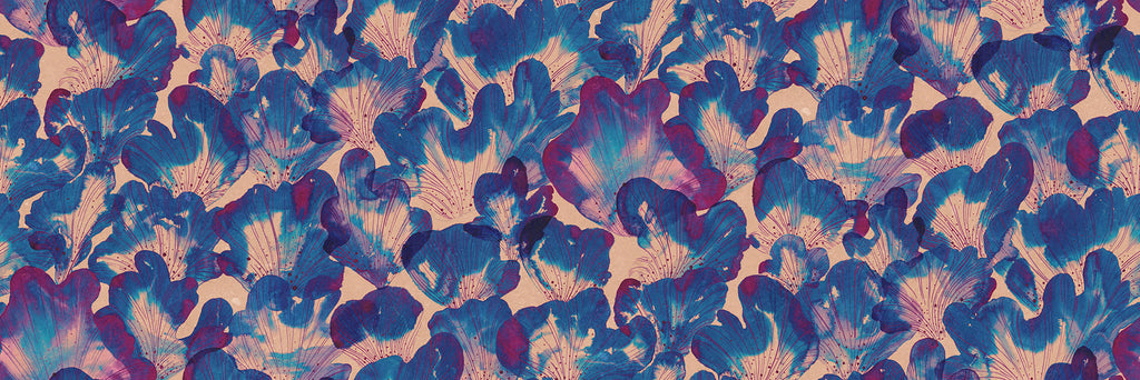 Corals wall mural by Rebel Walls, flat panel of painterly fan-shaped corals in blue and magenta on tan