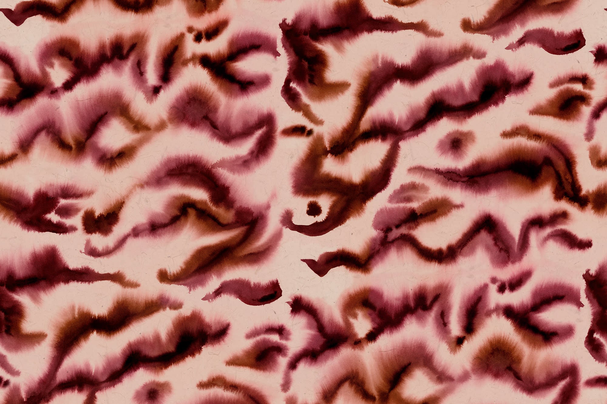 Guppy wall mural by Rebel Walls, flat panel of the burgundy and blush pink watercolour swirl pattern