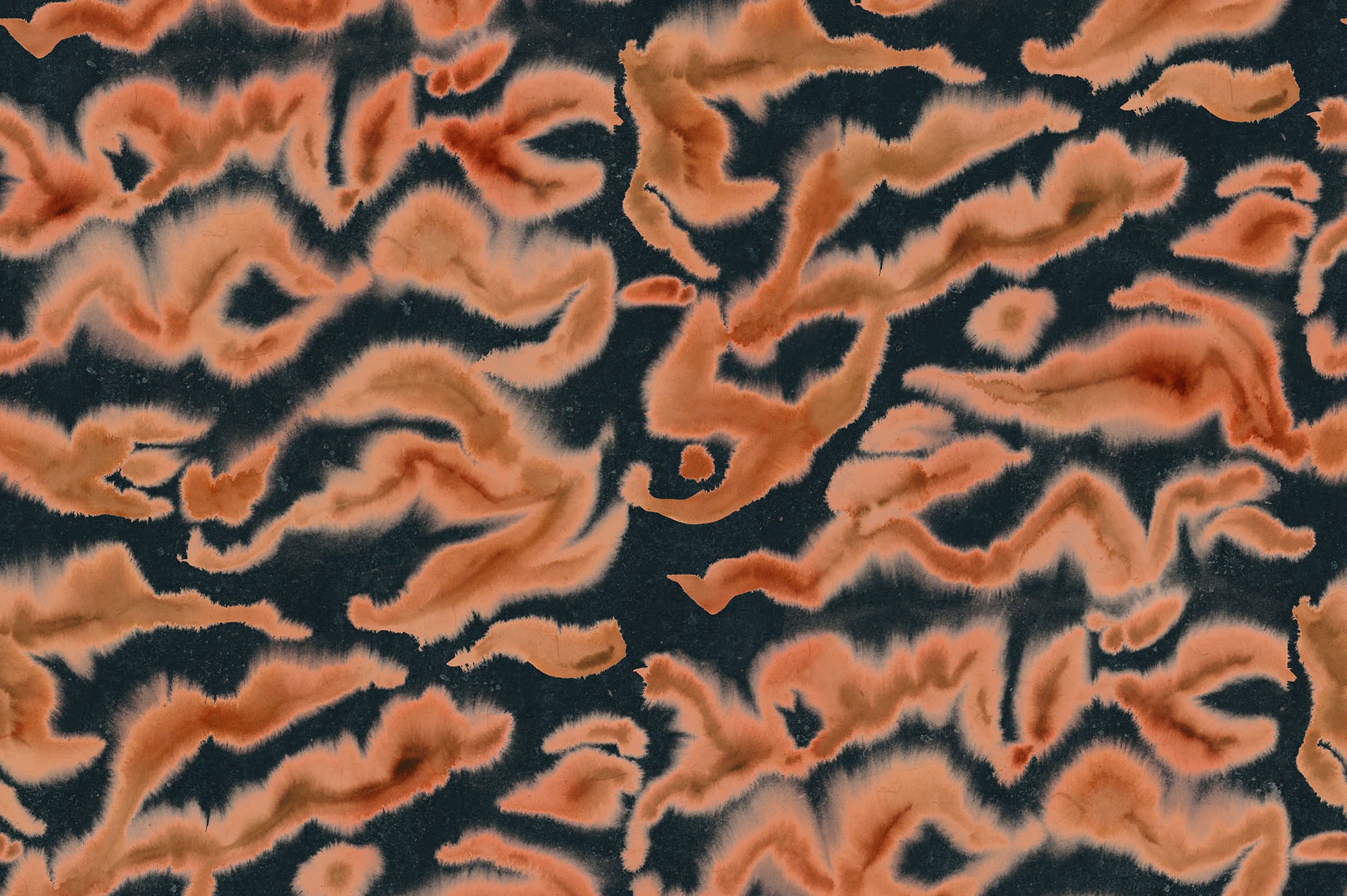 Guppy wall mural by Rebel Walls, flat panel of the burnt orange and dark navy watercolour swirl pattern