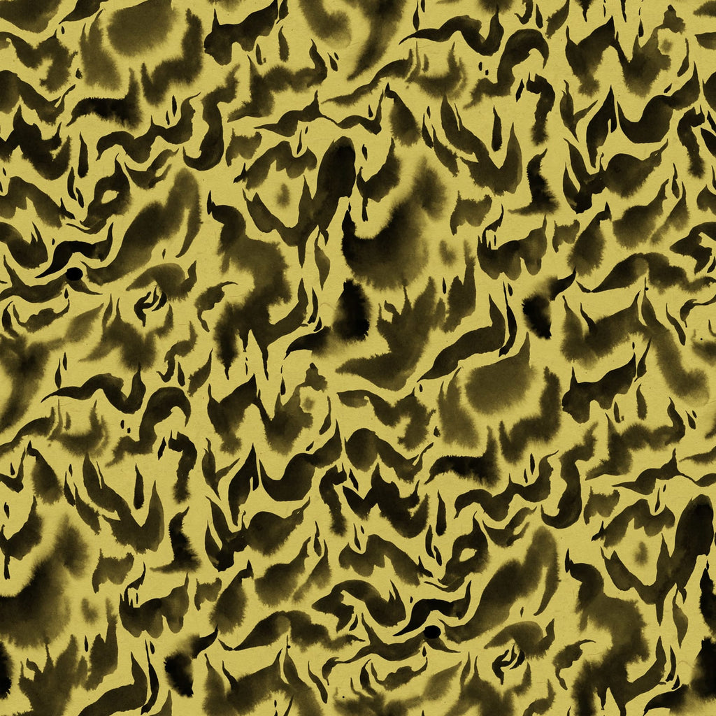 Discus Fish wall mural by Rebel Walls, flat panel of marbled watercolour swirls in black on olive yellow