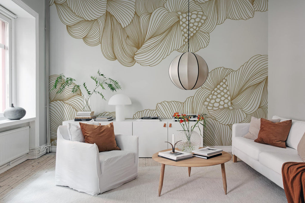 Opulence wall mural by Rebel Walls in White – Gold, styled room