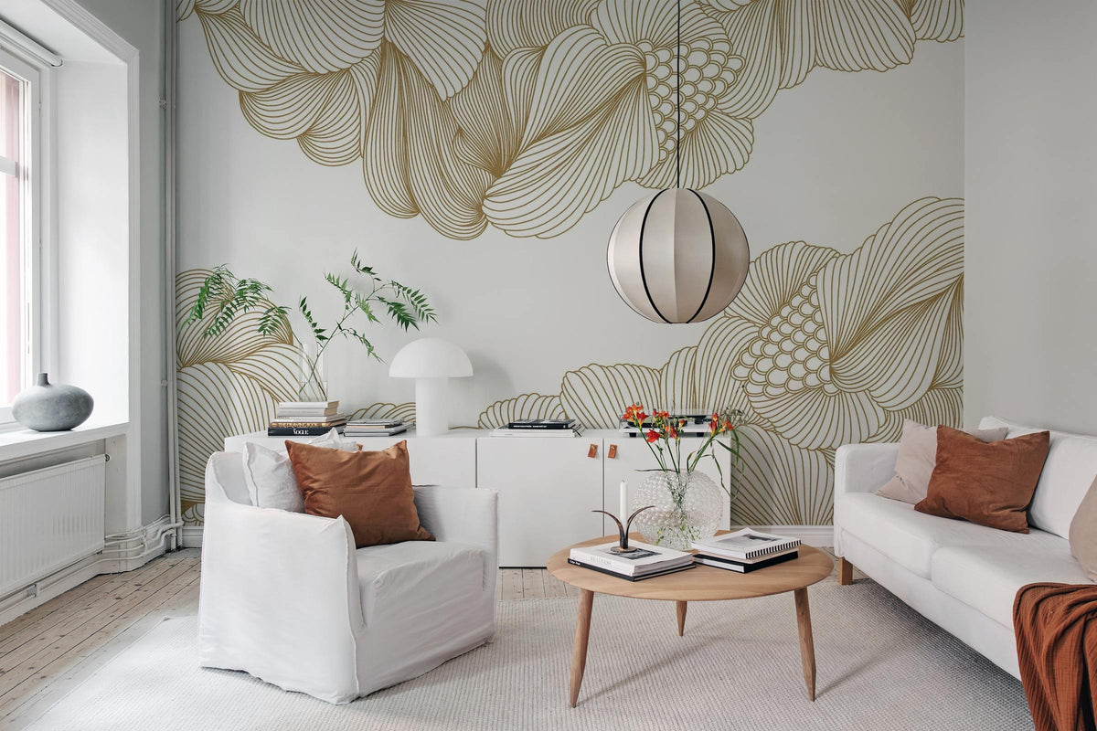 Opulence wall mural by Rebel Walls in White – Gold, styled room