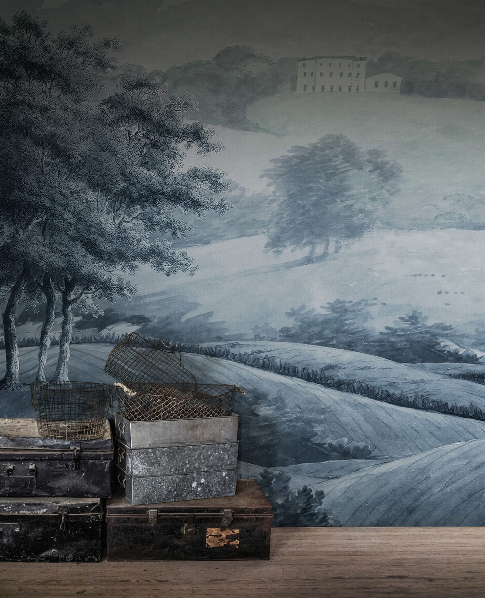 Hilltop House - Blue wall mural by Rebel Walls, styled room