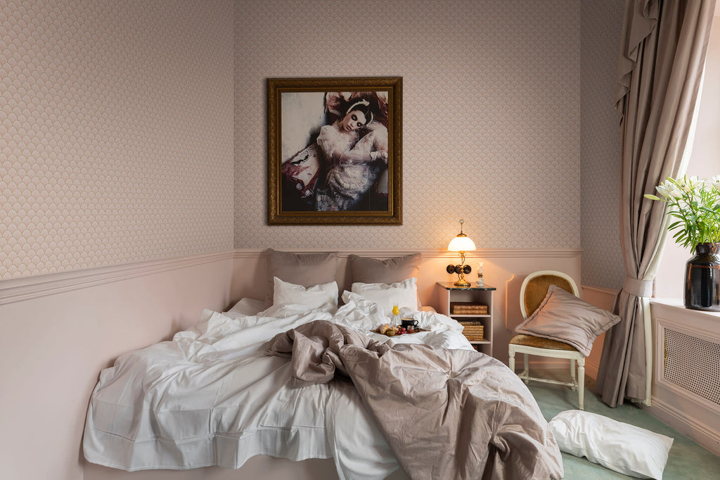 Marmaris wall mural by Rebel Walls in Coral Pink, styled room