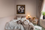 Marmaris wall mural by Rebel Walls in Coral Pink, styled room