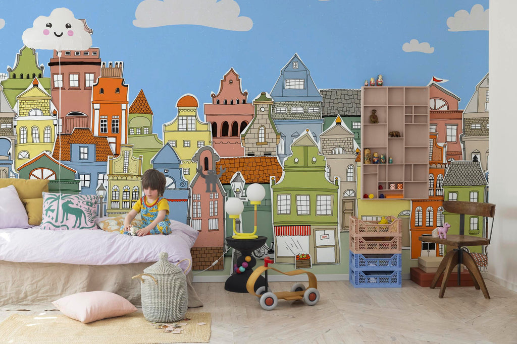 London Houses - Black & White wall mural by Rebel Walls in Multicolour, styled room