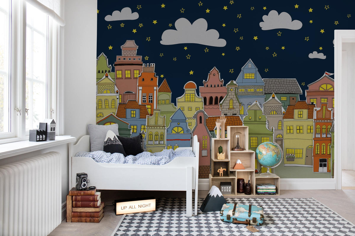 London Houses - Black & White wall mural by Rebel Walls in Blue – Navy, styled room