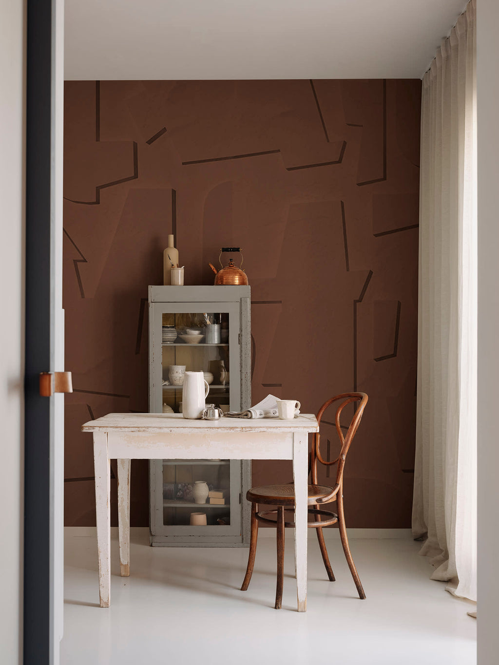 Abstract Wood wall mural by Rebel Walls in Brown – Rust, styled room