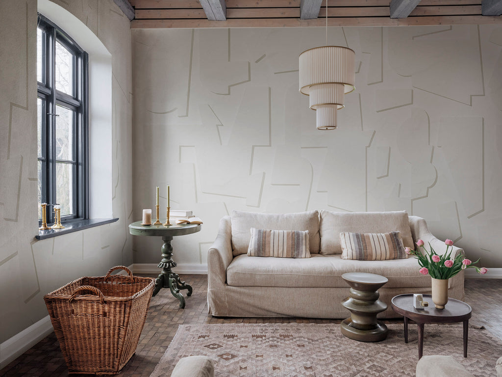 Abstract Wood wall mural by Rebel Walls in White, styled room
