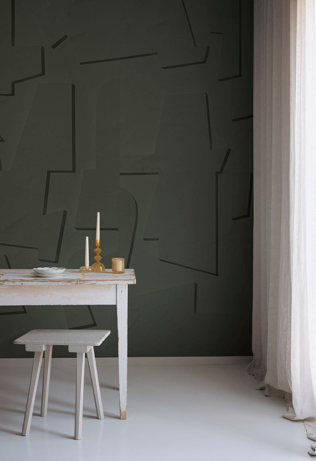 Abstract Wood wall mural by Rebel Walls in Green, styled room