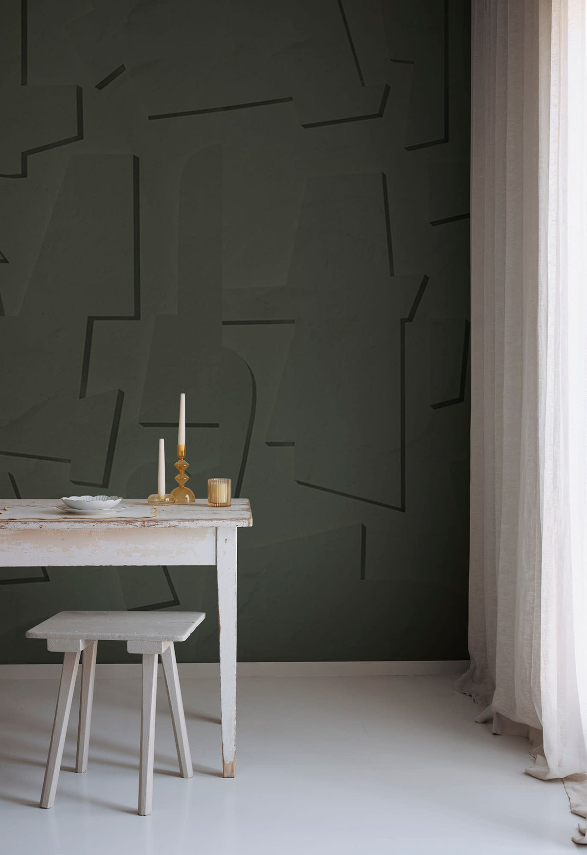 Abstract Wood wall mural by Rebel Walls in Green, styled room