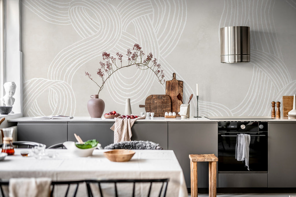 Stripes Repeatable wall mural by Rebel Walls in Cream, styled room