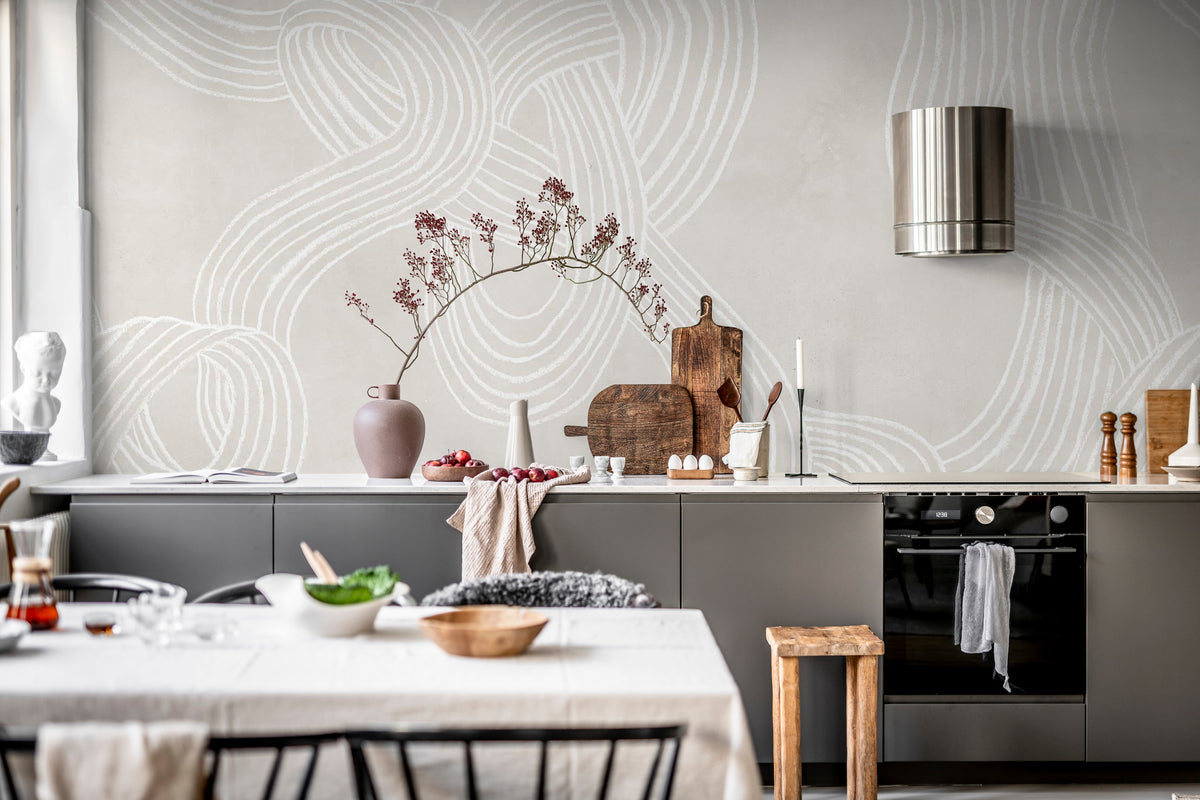 Stripes Repeatable wall mural by Rebel Walls in Cream, styled room