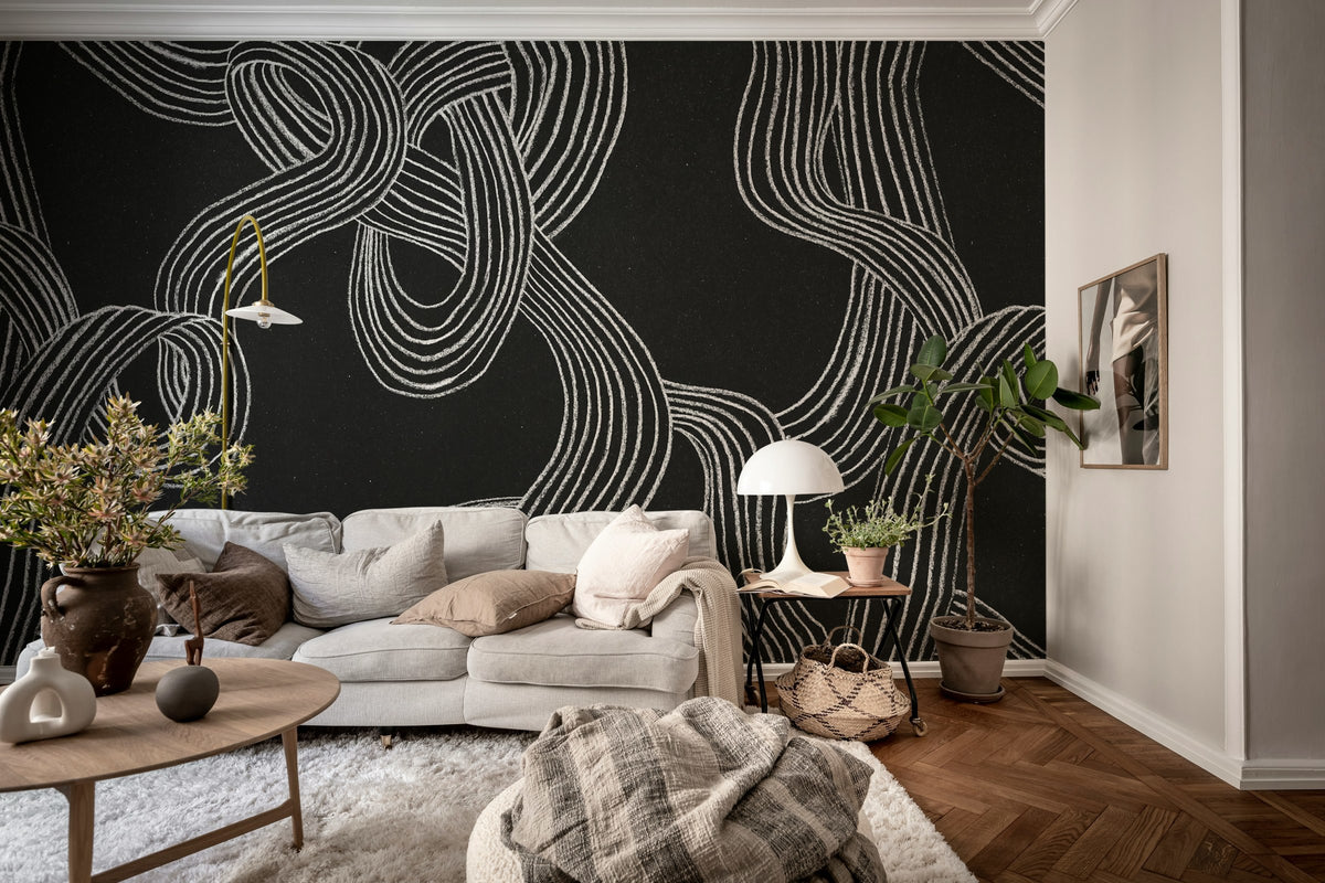 Stripes Repeatable wall mural by Rebel Walls in Black, styled room