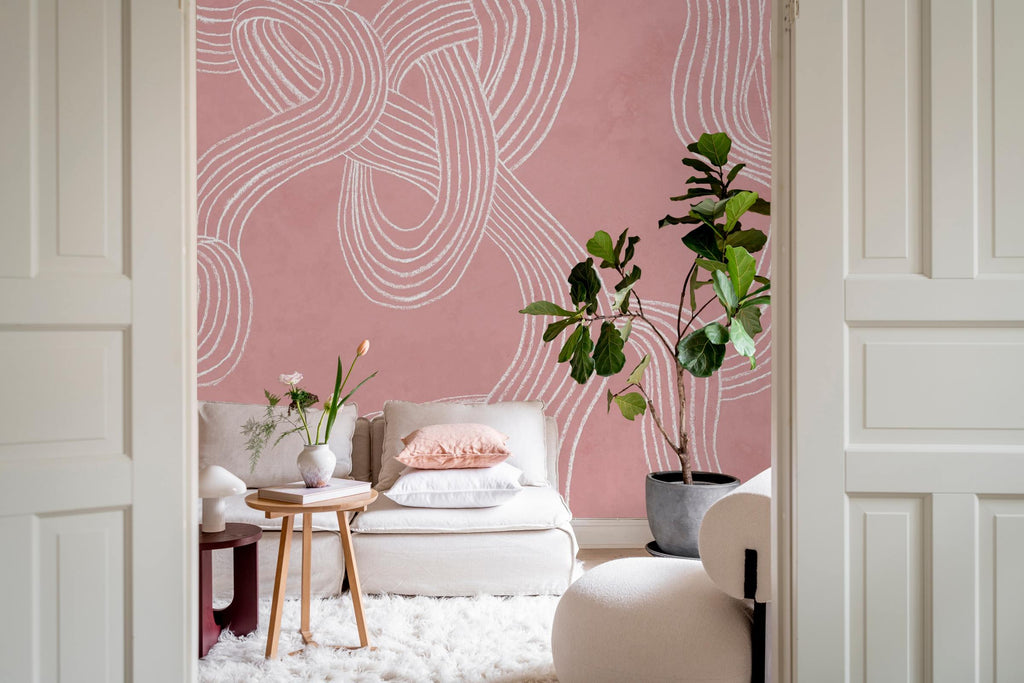 Stripes Repeatable wall mural by Rebel Walls in Pink, styled room